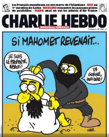 روجلد یکی از شماره های اخیر شارلی ابدو که در آن پیامبر اسلام به زمان حاضر بازگشته اما توسط یکی از اعضای داعش به جرم کفر در حال سر بریده شدن است