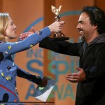 Actress Cate Blanchett presents the Best Feature award to writer and director Alejandro Gonzalez Inarritu for the film “Birdman” at the 2015 Film Independent Spirit Awards in Santa Monica